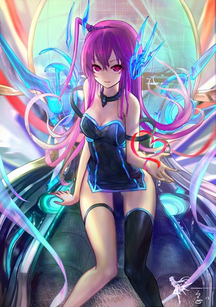 Anime picture 1131x1600 with original wangchuan de quanyan single long hair tall image looking at viewer fringe breasts light erotic smile sitting purple eyes bare shoulders purple hair ponytail from above bare legs outstretched arm girl thighhighs