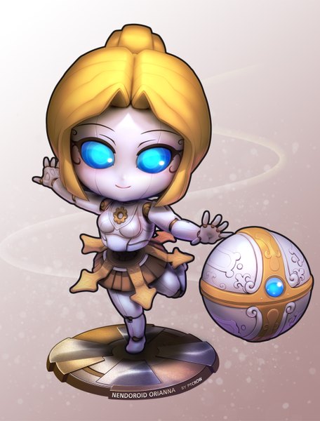 Anime picture 1103x1450 with league of legends orianna (league of legends) phantom (ptcrow) single tall image looking at viewer short hair blue eyes simple background blonde hair smile bent knee (knees) standing on one leg chibi mechanical girl ball robot