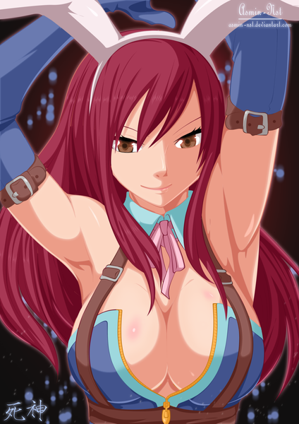 Anime picture 2630x3724 with fairy tail erza scarlet iitheluciferii single long hair tall image highres breasts light erotic smile large breasts brown eyes animal ears red hair arms up armpit (armpits) bunny ears coloring girl gloves