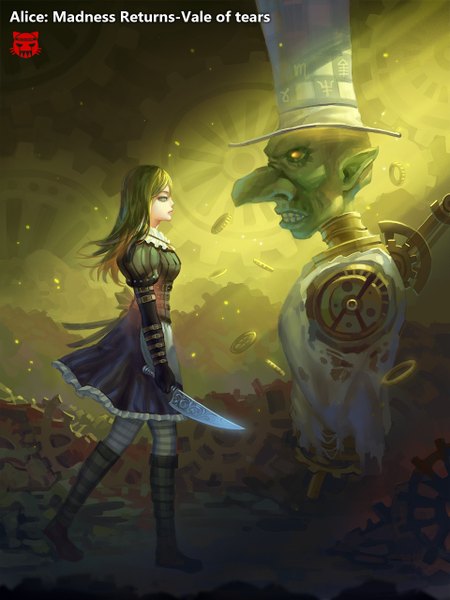 Anime picture 960x1280 with alice in wonderland american mcgee's alice (game) alice: madness returns alice (american mcgee's) mad hatter redname long hair tall image green eyes profile pointy ears grey hair inscription grin mechanical green skin girl dress pantyhose boots