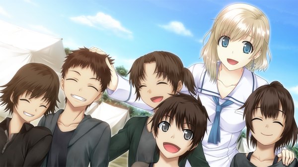 Anime picture 1024x576 with tokyo babel short hair open mouth blue eyes black hair smile wide image game cg white hair eyes closed black eyes girl boy child (children)