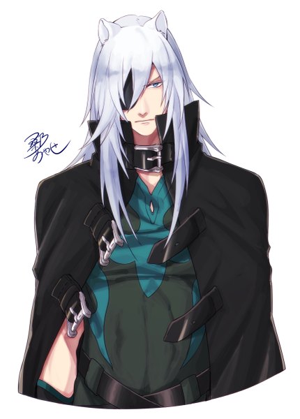 Anime picture 861x1200 with lamento nitro+chiral rai kuwa ayase single long hair tall image looking at viewer fringe blue eyes simple background hair between eyes white background animal ears silver hair upper body one eye closed wink boy eyepatch