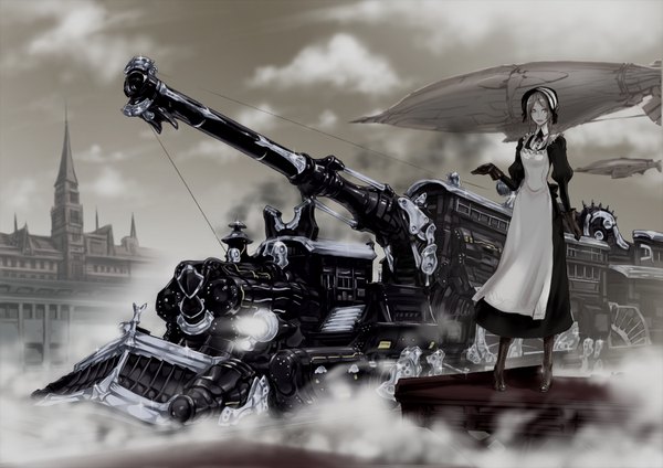 Anime picture 1800x1272 with pixiv steampunk ishinarimaru shouten highres blonde hair fog polychromatic steam punk girl gloves weapon boots building (buildings) apron aircraft train dirigible