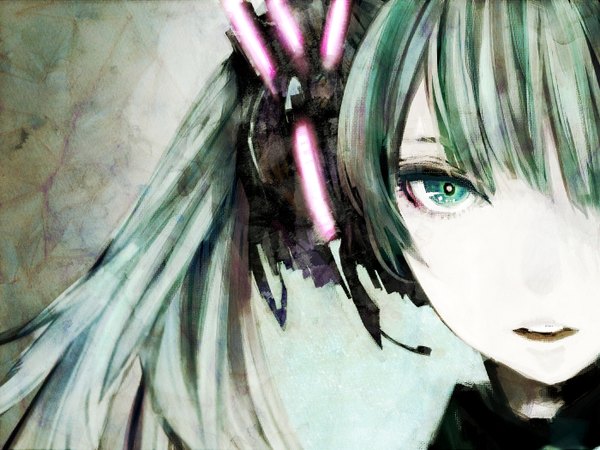 Anime picture 1400x1050 with vocaloid hatsune miku hiru single long hair looking at viewer open mouth green eyes green hair glowing close-up face pale skin girl headphones microphone