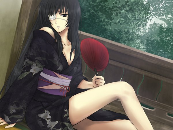 Anime picture 1024x768 with innocent grey yomiko (innocent grey) hitoha single long hair looking at viewer open mouth black hair sitting bare shoulders brown eyes traditional clothes japanese clothes girl plant (plants) tree (trees) eyepatch fan yukata