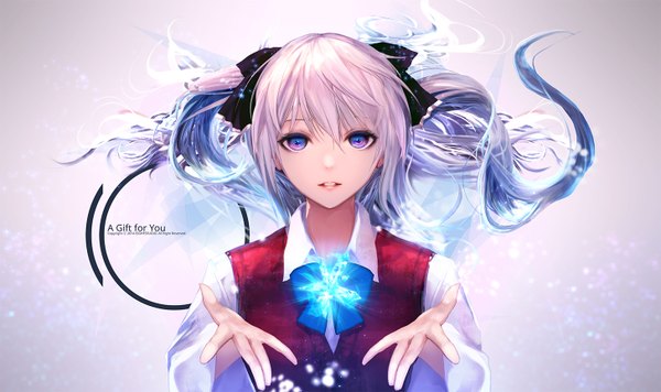 Anime picture 1456x866 with original jname single long hair looking at viewer wide image twintails purple eyes silver hair inscription magic girl bow hair bow