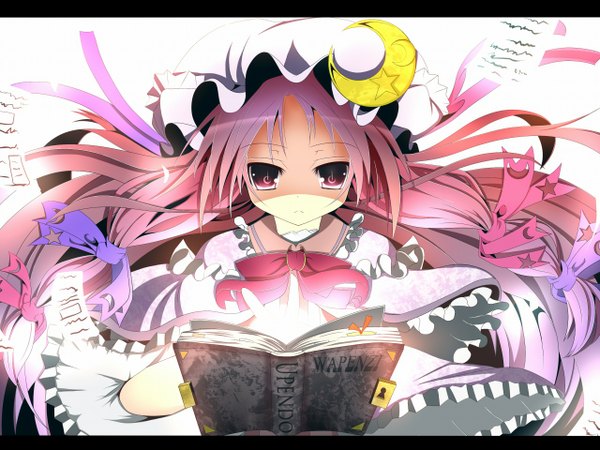 Anime picture 1280x960 with touhou patchouli knowledge sukage single long hair purple eyes purple hair letterboxed girl dress bow hair bow frills book (books) bonnet ofuda