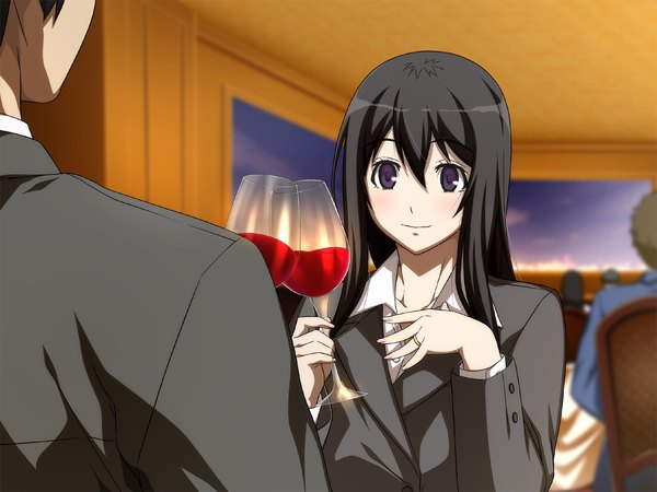 Anime picture 1280x960 with ai suru tsuma, mariko ga rinshitsu de dakareru made long hair black hair purple eyes game cg girl suit