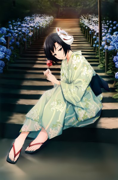 Anime picture 2642x4000 with kara no shoujo innocent grey tokisaka yukari sugina miki single tall image looking at viewer highres short hair black hair sitting holding outdoors traditional clothes head tilt japanese clothes black eyes sunlight scan official art