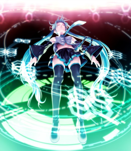 Anime picture 1040x1200 with vocaloid hatsune miku rezi single tall image twintails eyes closed very long hair aqua hair flying girl thighhighs skirt detached sleeves