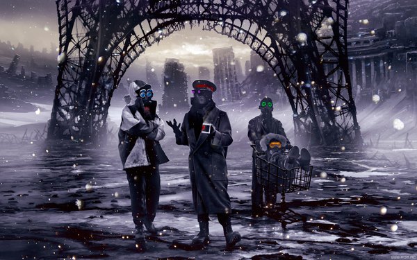 Anime picture 1920x1200 with romantically apocalyptic alexiuss highres standing holding sky bent knee (knees) open clothes open jacket snowing winter glow river ruins broken talking post-apocalyptic quartet boy gloves