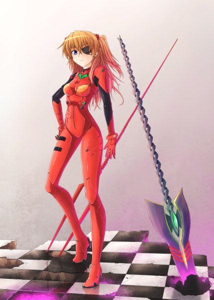 Anime picture 1736x2433 with neon genesis evangelion rebuild of evangelion evangelion: 2.0 you can (not) advance evangelion: 3.0 you can (not) redo gainax soryu asuka langley shikinami asuka langley kaiyi single long hair tall image looking at viewer highres blue eyes blonde hair checkered floor girl weapon bodysuit eyepatch