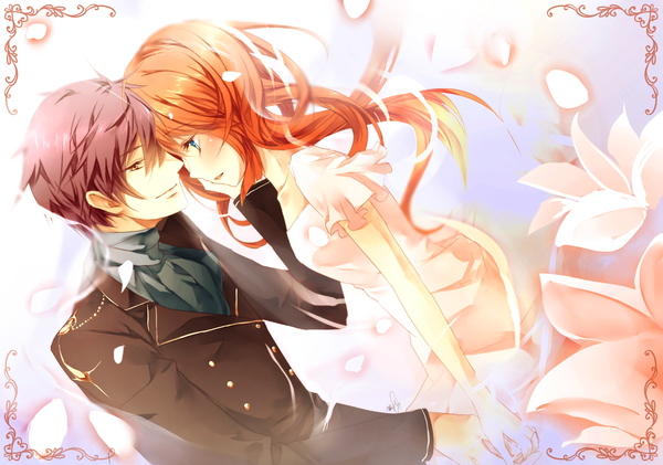 Anime picture 1537x1080 with original blizz long hair blush short hair open mouth blue eyes brown eyes profile light smile orange hair couple face to face almost kiss girl dress boy uniform flower (flowers) petals