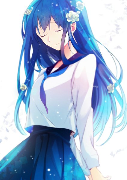 Anime picture 800x1131 with original toryufu single long hair tall image fringe simple background white background blue hair eyes closed hair flower light smile glow girl uniform hair ornament flower (flowers) school uniform petals serafuku