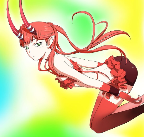 Anime picture 1280x1222 with c: the money of soul and possibility control mashu (c) single long hair green eyes red hair horn (horns) girl