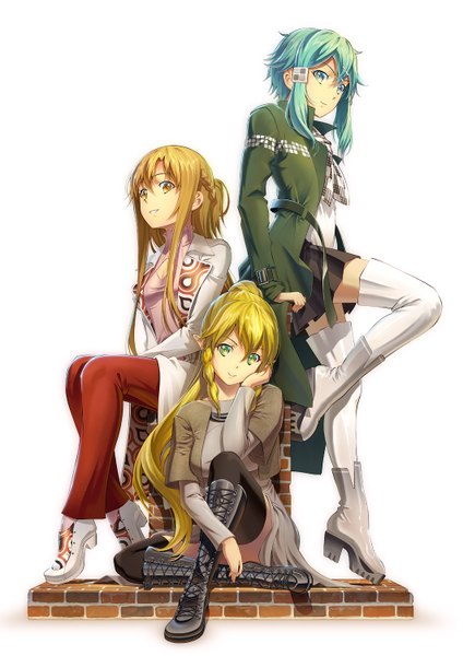 Anime picture 1061x1500 with sword art online a-1 pictures yuuki asuna asada shino leafa pinakes long hair tall image looking at viewer fringe short hair simple background blonde hair smile white background multiple girls green eyes yellow eyes braid (braids) green hair