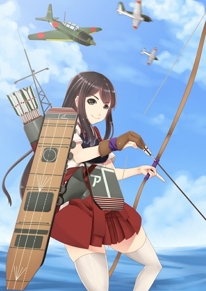 Anime picture 724x1024 with kantai collection akagi aircraft carrier hiememiko single long hair tall image black hair sky cloud (clouds) black eyes girl thighhighs weapon white thighhighs bow (weapon) aircraft airplane