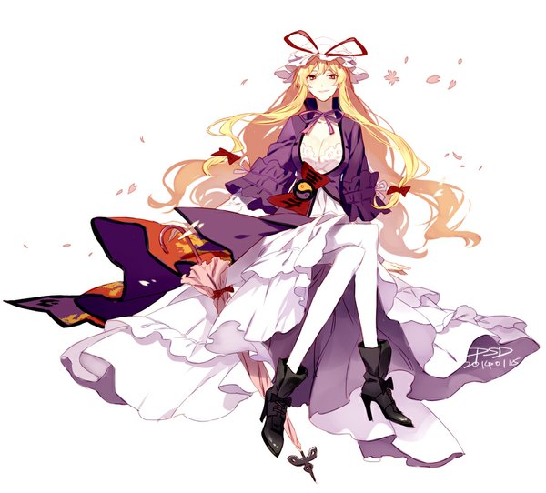 Anime picture 900x814 with touhou yakumo yukari psd (pixiv) single long hair looking at viewer simple background blonde hair smile white background signed cleavage high heels crossed legs closed umbrella girl dress bow hair bow petals
