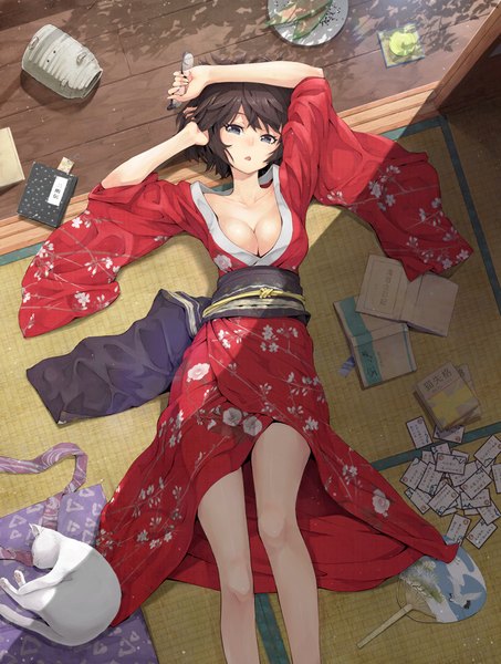 Anime picture 650x861 with original risou (maeda risou) single tall image looking at viewer short hair breasts open mouth blue eyes light erotic black hair cleavage lying traditional clothes japanese clothes girl kimono
