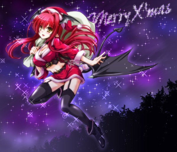 Anime picture 1194x1024 with touhou koakuma yamu (reverse noise) single long hair looking at viewer blush breasts large breasts yellow eyes sky bent knee (knees) red hair tail pointy ears night sparkle christmas flying demon tail