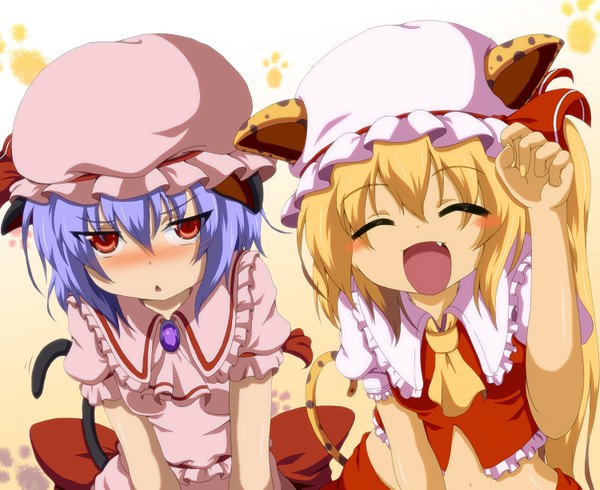 Anime picture 1500x1227 with touhou flandre scarlet remilia scarlet dr. cryptoso blush short hair open mouth blonde hair red eyes multiple girls animal ears blue hair eyes closed animal tail cat ears cat tail girl dress 2 girls bonnet