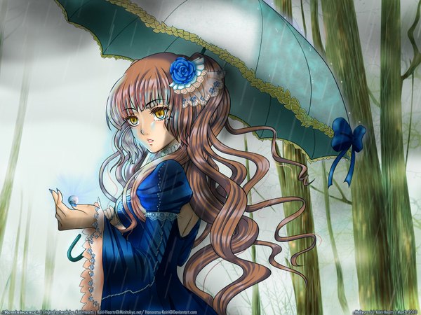 Anime picture 1600x1200 with long hair brown hair yellow eyes hair flower rain girl dress hair ornament umbrella