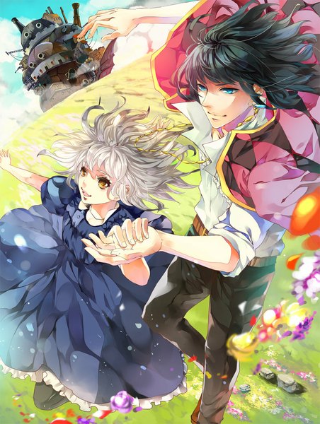 Anime picture 800x1061 with howl's moving castle studio ghibli howl sophie hatter aiki-ame long hair tall image open mouth blue eyes black hair brown eyes silver hair cloud (clouds) couple holding hands flying clothes on shoulders mechanical girl dress