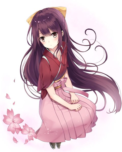 Anime picture 1724x2160 with kantai collection kamikaze destroyer karumayu single tall image blush fringe highres simple background white background sitting brown eyes looking away purple hair full body very long hair traditional clothes japanese clothes from above meiji schoolgirl uniform