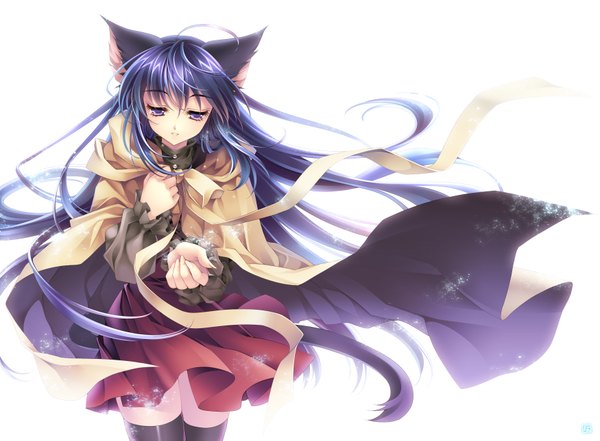 Anime picture 3500x2577 with single long hair highres blue eyes white background animal ears blue hair wind cat girl snow girl thighhighs