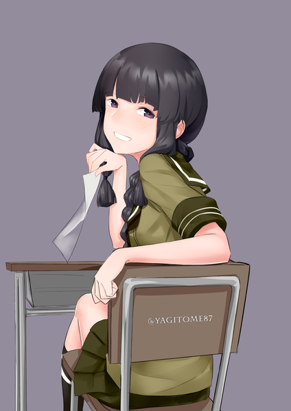 Anime picture 2893x4092 with kantai collection kitakami light cruiser yagitome87 single long hair tall image looking at viewer highres black hair simple background smile sitting purple eyes signed blunt bangs braid (braids) looking back grey background teeth girl
