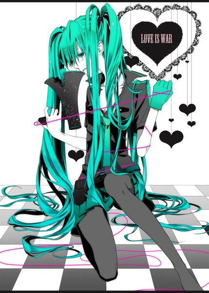 Anime picture 1342x1877 with vocaloid koi wa sensou (vocaloid) hatsune miku naoto (tulip) single long hair tall image twintails aqua eyes aqua hair checkered floor girl gloves necktie heart wire (wires) megaphone