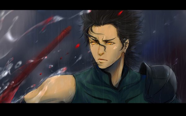 Anime picture 1680x1050 with fate (series) fate/stay night fate/zero studio deen type-moon diarmuid ua duibhne (lancer) (fate) changye short hair black hair wide image yellow eyes ahoge blurry mole mole under eye letterboxed boy armor blood splashes