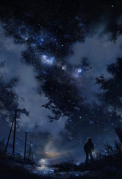 Anime picture 2000x2936 with original iy (tsujiki) single tall image highres short hair standing from behind night night sky scenic silhouette river lightning milky way boy plant (plants) water star (stars) grass