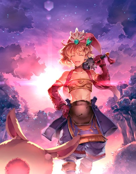 Anime picture 1500x1920 with seiken densetsu legend of mana toto (lom) sunakumo tall image short hair open mouth blonde hair sky cloud (clouds) eyes closed sunlight hand on hip weapon over shoulder girl gloves weapon plant (plants) animal tree (trees)