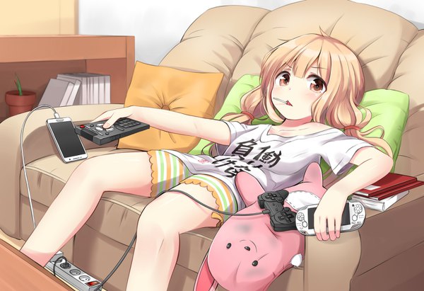 Anime picture 1400x960 with idolmaster idolmaster cinderella girls futaba anzu superpig (wlstjqdla) single long hair blush fringe blonde hair sitting twintails holding looking away bent knee (knees) outstretched arm short twintails reclining clothes writing body blush food in mouth