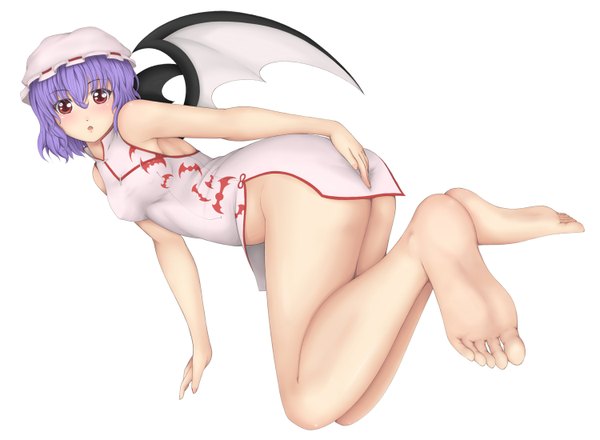 Anime picture 1500x1100 with touhou remilia scarlet cookin single looking at viewer blush short hair open mouth light erotic red eyes white background blue hair barefoot bare legs chinese clothes girl wings bonnet chinese dress