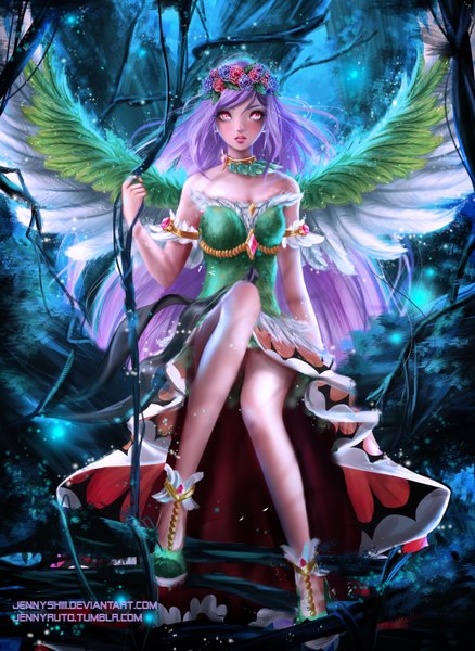 Anime picture 4600x6300 with original jennyshiii single long hair tall image looking at viewer blush fringe highres breasts red eyes large breasts sitting bare shoulders holding signed payot absurdres purple hair bent knee (knees)