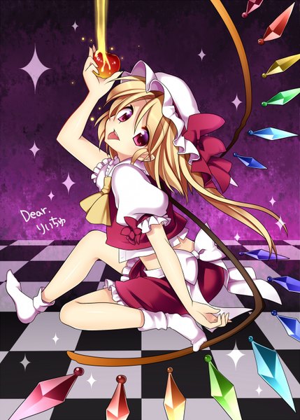 Anime picture 1072x1500 with touhou flandre scarlet chiyopoko single tall image blonde hair red eyes no shoes checkered floor girl skirt wings socks food tongue skirt set fruit apple