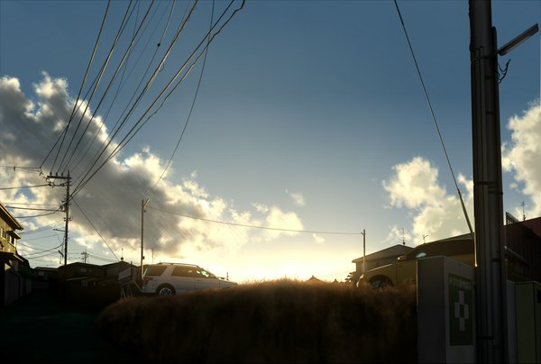 Anime picture 2276x1533 with original mogumo highres sky cloud (clouds) no people landscape ground vehicle wire (wires) car house power lines