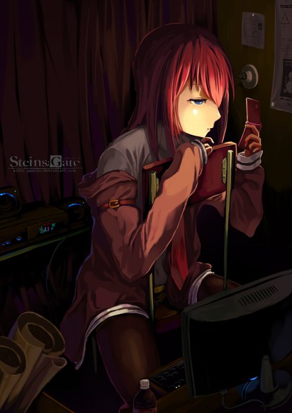 Anime picture 1500x2122 with steins;gate white fox makise kurisu unfairr single long hair tall image blue eyes brown hair sitting open clothes open jacket girl jacket chair phone monitor