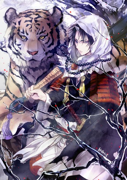 Anime picture 600x849 with hoozuki no reitetsu wit studio hoozuki (hoozuki no reitetsu) ashita single tall image fringe short hair black hair purple eyes holding looking away traditional clothes japanese clothes horn (horns) lips pointy ears snow angry bare tree