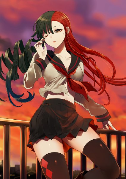 Anime picture 849x1200 with original akesato sekiha (character) harano single long hair tall image fringe breasts open mouth black hair sitting yellow eyes cleavage red hair braid (braids) nail polish one eye closed multicolored hair lips wink