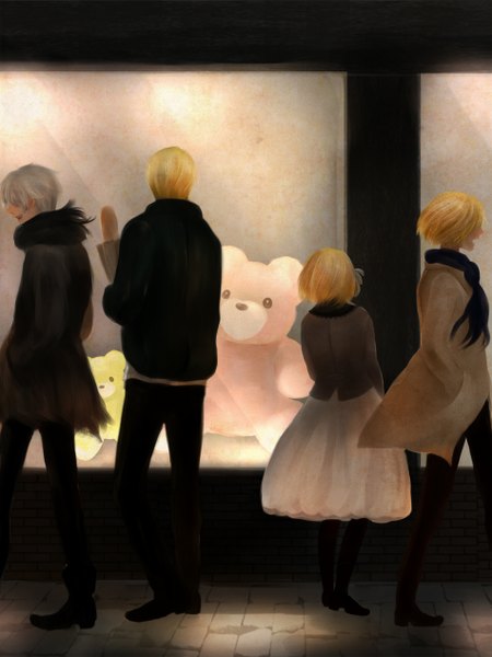 Anime picture 950x1266 with axis powers hetalia studio deen prussia (hetalia) germany (hetalia) liechtenstein (hetalia) switzerland (hetalia) lpoko tall image short hair open mouth blonde hair standing holding silver hair white hair profile multiple boys alternate costume back walking