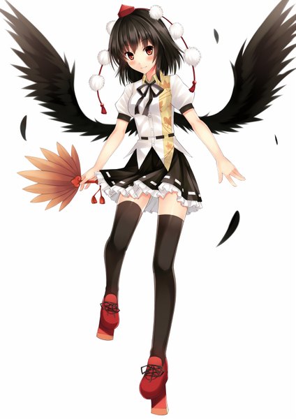 Anime picture 1239x1753 with touhou shameimaru aya mushroom (artist) single tall image looking at viewer blush short hair black hair simple background red eyes white background girl thighhighs dress black thighhighs hat wings feather (feathers) fan
