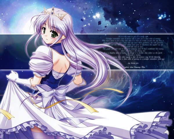 Anime picture 1280x1024 with yoake mae yori ruri iro na august soft feena fam earthlight single long hair looking at viewer fringe breasts simple background green eyes cleavage purple hair looking back from behind short sleeves wallpaper puffy sleeves back girl dress