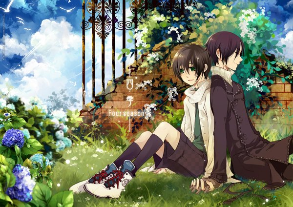 Anime picture 1280x905 with nabari no ou j.c. staff yoite rokujou miharu lc hi ji (saiyki) short hair black hair smile brown hair sky cloud (clouds) eyes closed green hair holding hands back to back ruins boy gloves flower (flowers) plant (plants)