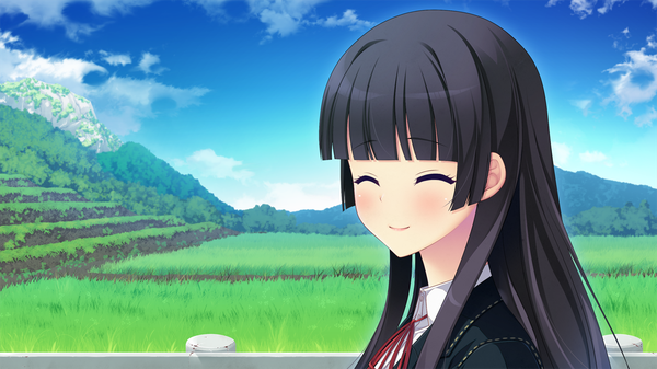 Anime picture 1280x720 with kanojo step kisaragi noe single long hair blush black hair smile wide image game cg sky cloud (clouds) eyes closed girl uniform school uniform