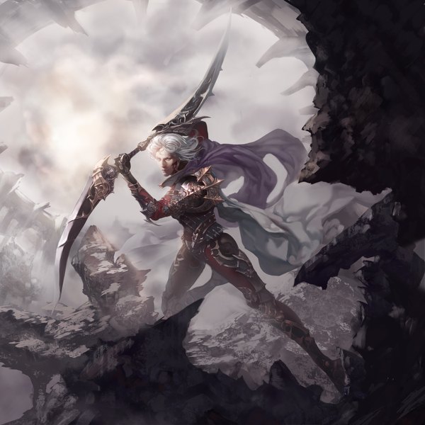 Anime picture 4000x4000 with xiaobotong single highres short hair absurdres silver hair ruins rock fog weapon sword armor stone (stones)