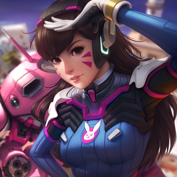 Anime picture 4200x4200 with overwatch blizzard entertainment d.va (overwatch) meka (overwatch) tsuaii single long hair fringe highres breasts brown hair standing brown eyes absurdres sky upper body ahoge head tilt light smile lips