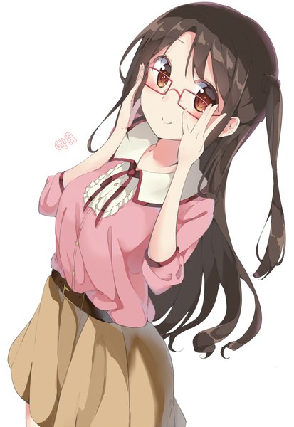 Anime picture 600x871 with idolmaster idolmaster cinderella girls shimamura uzuki chikuwa. single long hair tall image looking at viewer blush simple background smile brown hair white background brown eyes from above one side up casual adjusting glasses girl skirt